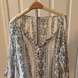 LOFT Women's Black and White Embroidered Blouse